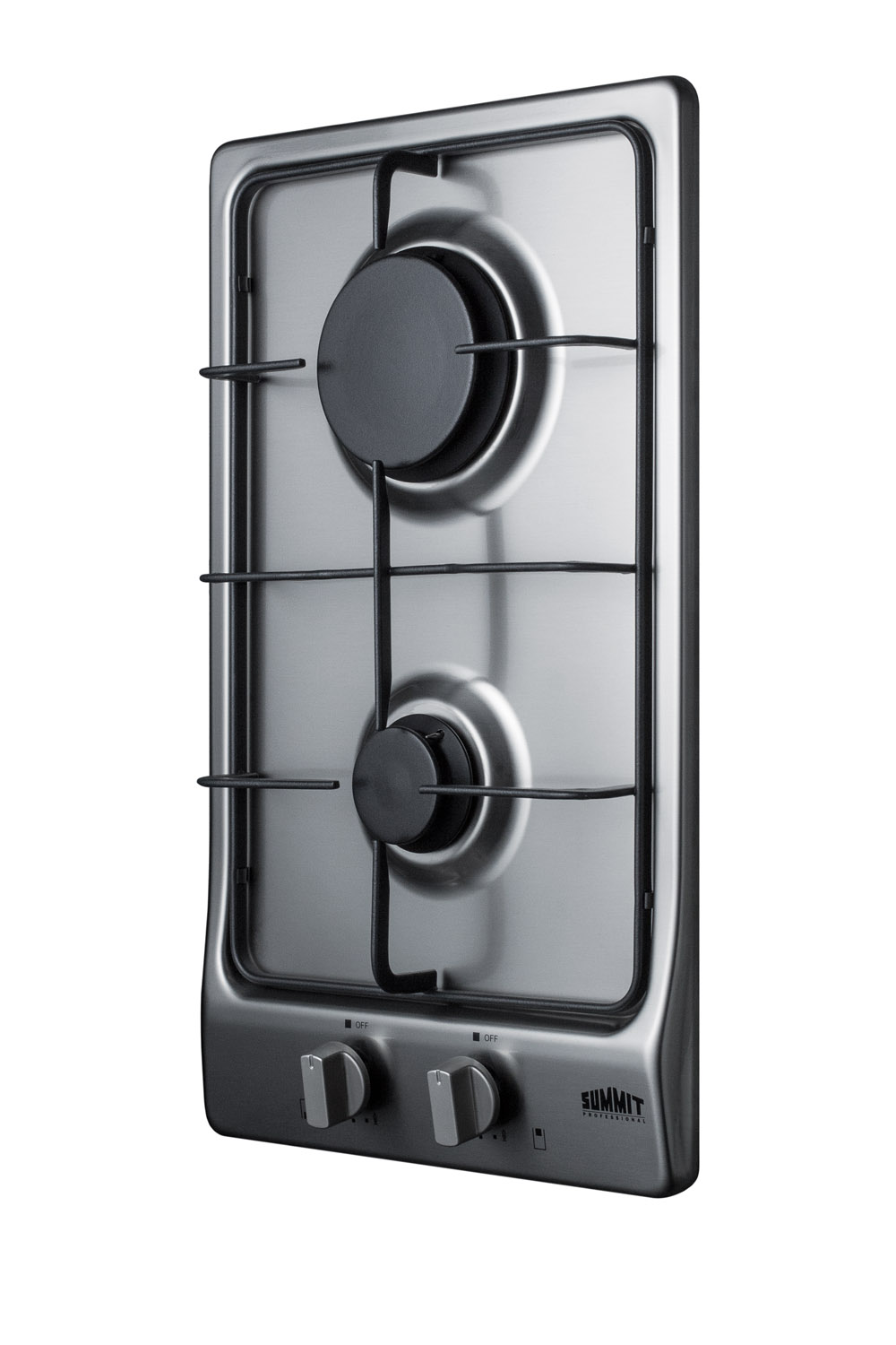 2-burner gas cooktop with sealed burners, stainless steel surface, and cast iron grates